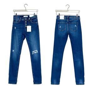 NEW Kancan | Mid Rise Skinny Straight Distressed Button Fly Dark Wash Jeans 27